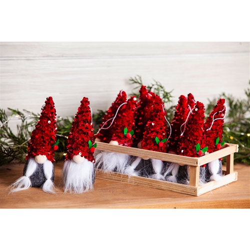 Plush Gnome with Sequin Hat Ornament set of 12 in Wood Tray *SALE*