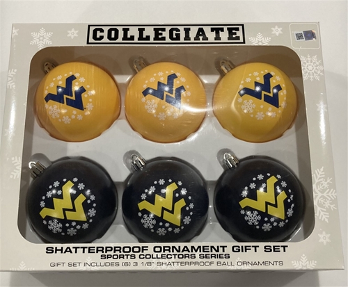 West Virginia Mountaineers NCAA 6 Pack Home & Away Shatter-Proof Ball Ornament Gift Set - 4ct Case *SALE*